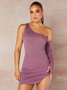 SHEIN BAE Asymmetrical Neck Split Hem Bodycon Sweater Dress - Dusty Purple - View 1