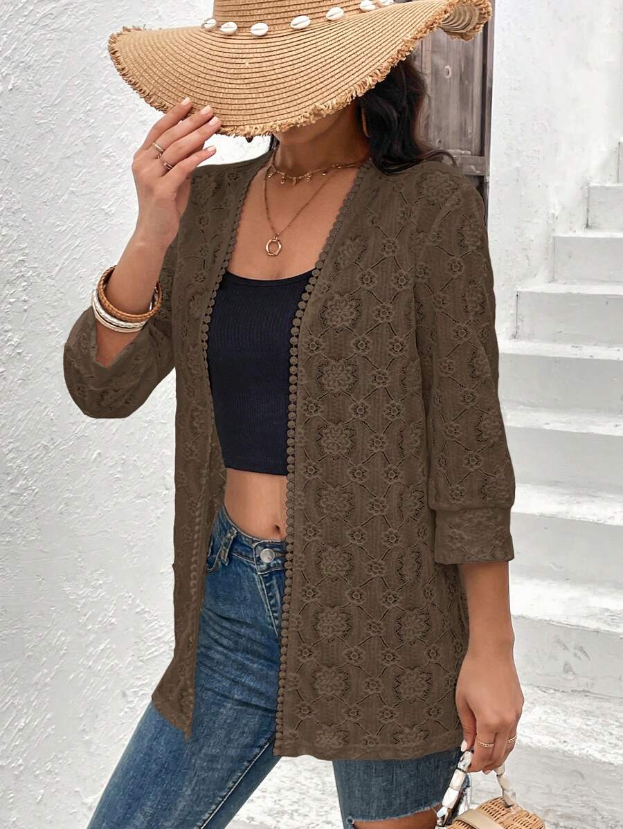 SHEIN Clasi Hollow Out Open Front Open Knit Coat - Coffee Brown - View 1