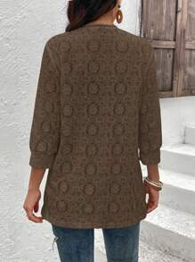 SHEIN Clasi Hollow Out Open Front Open Knit Coat - Coffee Brown - View 2