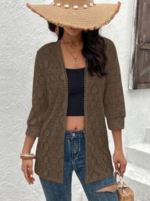 SHEIN Clasi Hollow Out Open Front Open Knit Coat - Coffee Brown - View 5