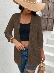 SHEIN Clasi Hollow Out Open Front Open Knit Coat - Coffee Brown - View 6