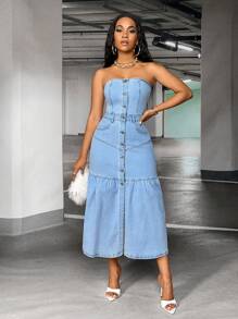 SHEIN SXY 前紐扣抹胸牛仔連衣裙