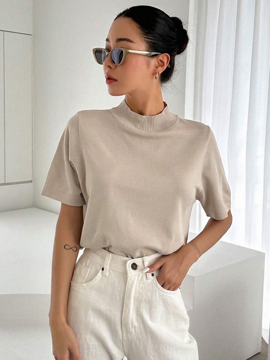 DAZY Solid Mock Neck Knit Top,Fall Clothes - Khaki - View 1