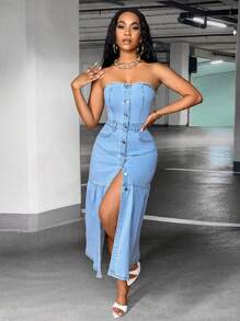 SHEIN SXY 前紐扣抹胸牛仔連衣裙