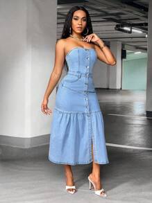 SHEIN SXY 前紐扣抹胸牛仔連衣裙