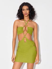 RAVE SCENE Designer Cut Out Tie Backless Halter Neck Dress, For Holiday - Lime Green - View 1