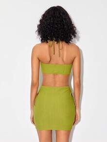 RAVE SCENE Designer Cut Out Tie Backless Halter Neck Dress, For Holiday - Lime Green - View 2