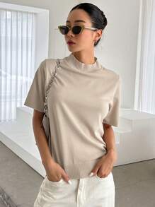 DAZY Solid Mock Neck Knit Top,Fall Clothes - Khaki - View 8