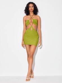 RAVE SCENE Designer Cut Out Tie Backless Halter Neck Dress, For Holiday - Lime Green - View 3