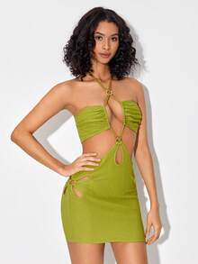 RAVE SCENE Designer Cut Out Tie Backless Halter Neck Dress, For Holiday - Lime Green - View 4