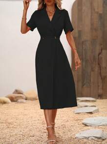 SHEIN Clasi Vestido bajo cruzado unicolor - Negro - Ver 5