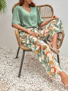 SHEIN Frenchy Solid Button Front Blouse & Allover Print Pants Summer - Multicolor - View 1