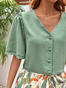 SHEIN Frenchy Solid Button Front Blouse & Allover Print Pants Summer - Multicolor - View 2