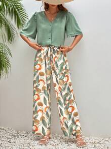 SHEIN Frenchy Solid Button Front Blouse & Allover Print Pants Summer - Multicolor - View 3
