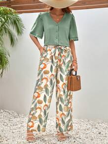 SHEIN Frenchy Solid Button Front Blouse & Allover Print Pants Summer - Multicolor - View 5