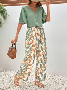 SHEIN Frenchy Solid Button Front Blouse & Allover Print Pants Summer - Multicolor - View 6