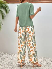 SHEIN Frenchy Solid Button Front Blouse & Allover Print Pants Summer - Multicolor - View 8