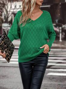 SHEIN Clasi Solid Batwing Sleeve V Neck Jumper - Green - View 4