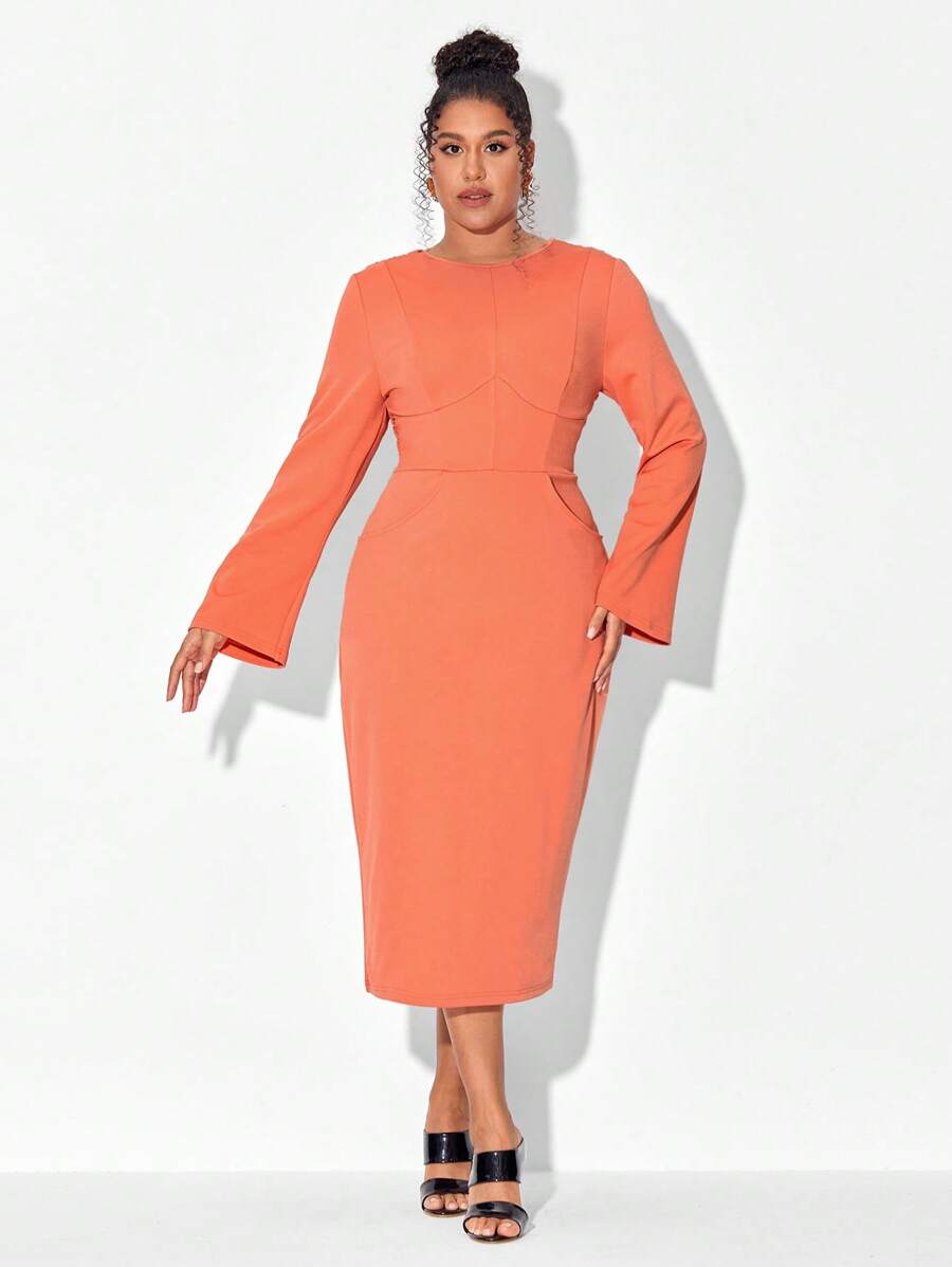 Mindsi Plus Solid Crisscross Back Flare Sleeve Fitted Dress - Coral Orange - View 1