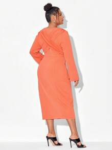 Mindsi Plus Solid Crisscross Back Flare Sleeve Fitted Dress - Coral Orange - View 2
