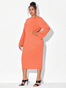 Mindsi Plus Solid Crisscross Back Flare Sleeve Fitted Dress - Coral Orange - View 4