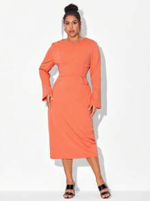 Mindsi Plus Solid Crisscross Back Flare Sleeve Fitted Dress - Coral Orange - View 5