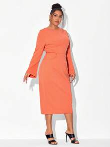 Mindsi Plus Solid Crisscross Back Flare Sleeve Fitted Dress - Coral Orange - View 6