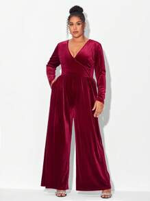 Mindsi Plus Surplice Neck Wide Leg Velvet Jumpsuit - Burgundy - View 1