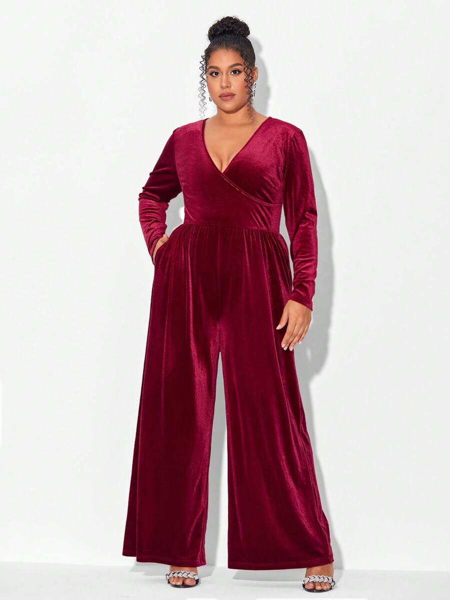 Mindsi Plus Surplice Neck Wide Leg Velvet Jumpsuit - Burgundy - View 1