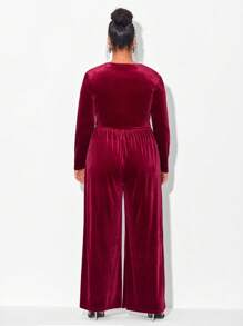 Mindsi Plus Surplice Neck Wide Leg Velvet Jumpsuit - Burgundy - View 2