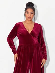 Mindsi Plus Surplice Neck Wide Leg Velvet Jumpsuit - Burgundy - View 3
