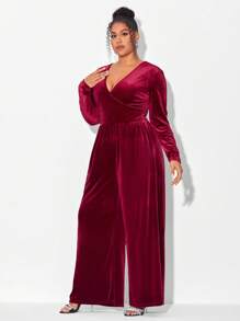 Mindsi Plus Surplice Neck Wide Leg Velvet Jumpsuit - Burgundy - View 4