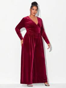 Mindsi Plus Surplice Neck Wide Leg Velvet Jumpsuit - Burgundy - View 5