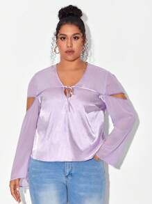 Mindsi 设计师商务休闲加大领口镂空袖缎面衬衫，适合假日、度假、春季、海滩、节日、伊比沙岛、办公室 - 紫丁香色 - 查看 1