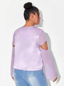 Mindsi 设计师商务休闲加大领口镂空袖缎面衬衫，适合假日、度假、春季、海滩、节日、伊比沙岛、办公室 - 紫丁香色 - 查看 2