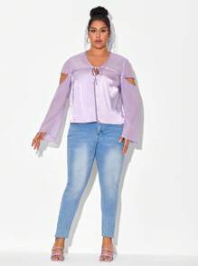 Mindsi 设计师商务休闲加大领口镂空袖缎面衬衫，适合假日、度假、春季、海滩、节日、伊比沙岛、办公室 - 紫丁香色 - 查看 5