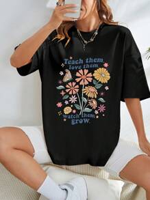 SHEIN EZwear T-shirt Floral Et Slogan - Noir - Voir 1