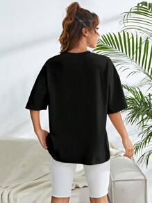 SHEIN EZwear T-shirt Floral Et Slogan - Noir - Voir 2