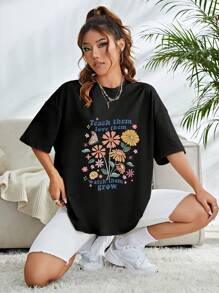 SHEIN EZwear T-shirt Floral Et Slogan - Noir - Voir 3