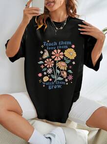 SHEIN EZwear T-shirt Floral Et Slogan - Noir - Voir 4