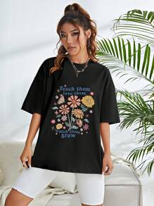 SHEIN EZwear T-shirt Floral Et Slogan - Noir - Voir 5
