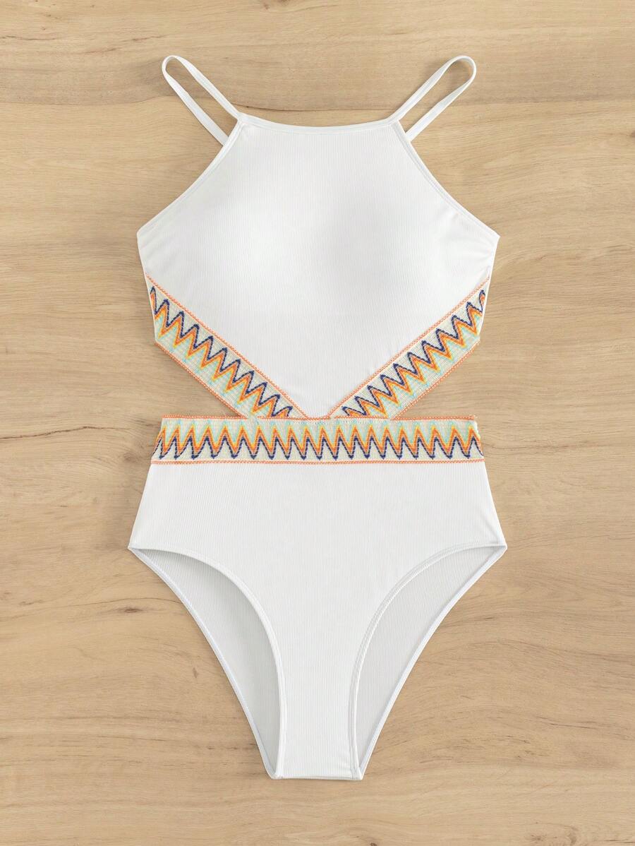 SHEIN Swim 鋸齒紋織帶連體泳衣