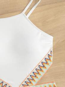 SHEIN Swim 鋸齒紋織帶連體泳衣