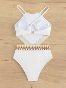 SHEIN Swim 鋸齒紋織帶連體泳衣