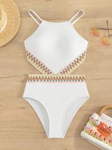 SHEIN Swim 鋸齒紋織帶連體泳衣