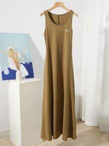 Slogan Graphic Tank Dress - Khaki - View 7