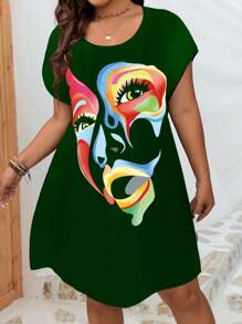 SHEIN LUNE Plus Figure Graphic Batwing Sleeve Dress - Dark Green - View 1