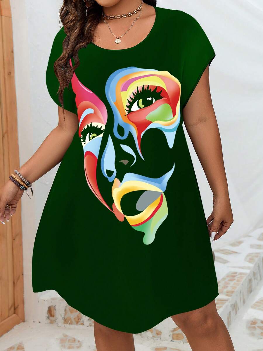 SHEIN LUNE Plus Figure Graphic Batwing Sleeve Dress - Dark Green - View 1