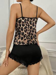 Leopard Print Contrast Lace PJ Set / Pajama Set - Multicolor - View 2