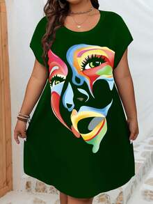 SHEIN LUNE Plus Figure Graphic Batwing Sleeve Dress - Dark Green - View 4